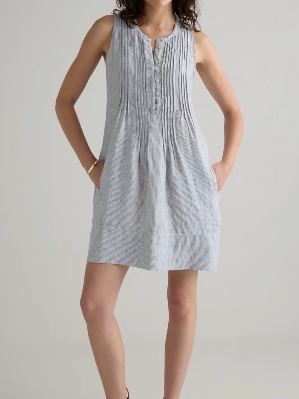 Quince European Linen Sleeveless Swing Dress blue pin stripe new L